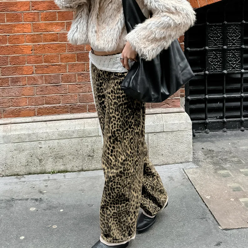 2026 New Women's Leopard Print High-Waist Trousers Button Wide Leg Pants Women Loose Retro Spring Fall Street Style Pants