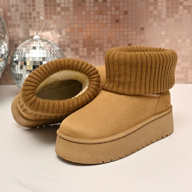 

Женская хлопковая обувь на толстой подошве, новые короткие эластичные ботинки с круглым носком и хлопковой шерстью до бедра, нескользящие зимние ботинки на плоской подошве