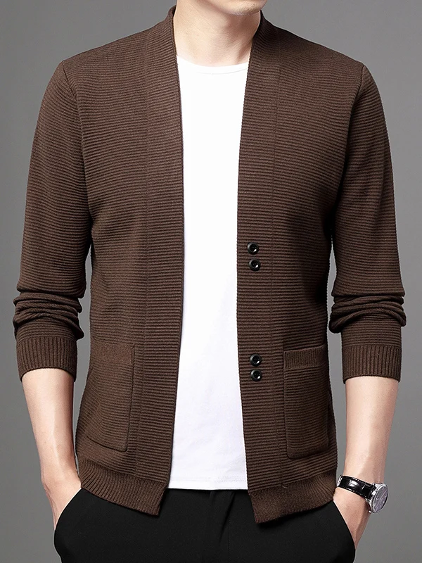

Мужской вязаный кардиган, однотонный модный свитер, куртка, модная повседневная одежда с открытым передом и длинными рукавами и v-образным вырезом