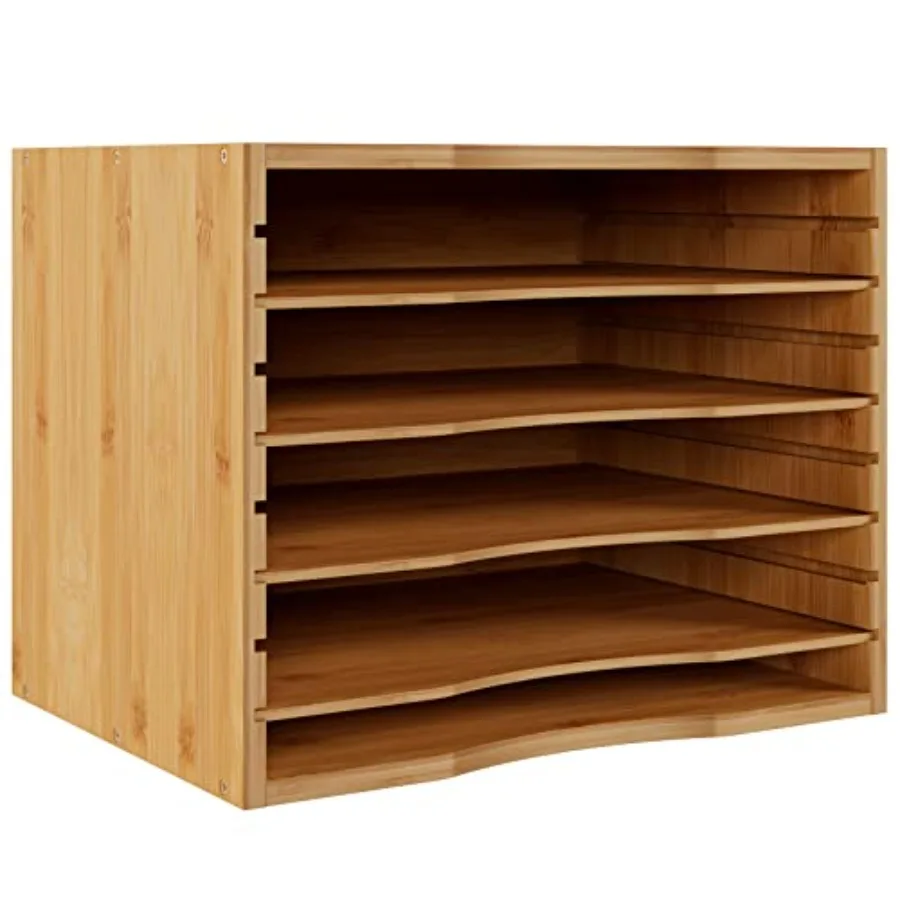 Bamboo 5 Tier Desktop Organizer, Paper Organizer Mail Sorter, File Holder Letter Document Storage with Adjustable Shelves for S