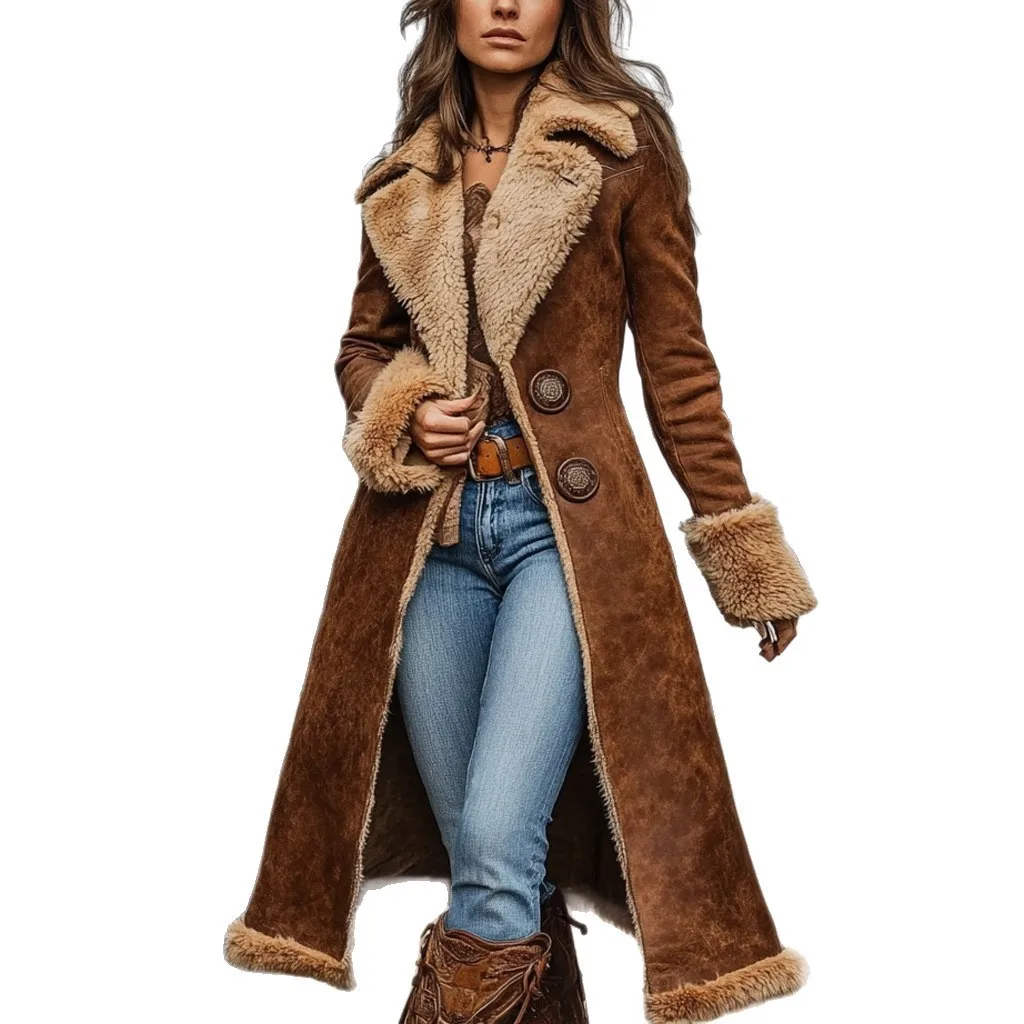 Cross-border European and American Denim Women's Western Retro Trench Coat Plush Autumn and Winter Fashion Warm Jacket