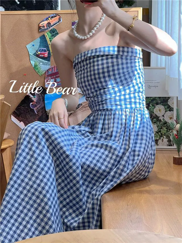 Gidyq Vintage Plaid Dress Women Korean Elegant Tube Top Folds Midi Dress Summer Holiday Beach Y2K All Match Female Vestidos