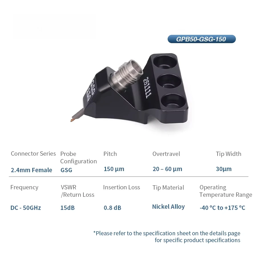 

Gwave 50GHz GSG RF Probe, 0.15mm Pitch, 2.4mm Female RF Connector, Ultra-Wideband High Frequency Test Probe