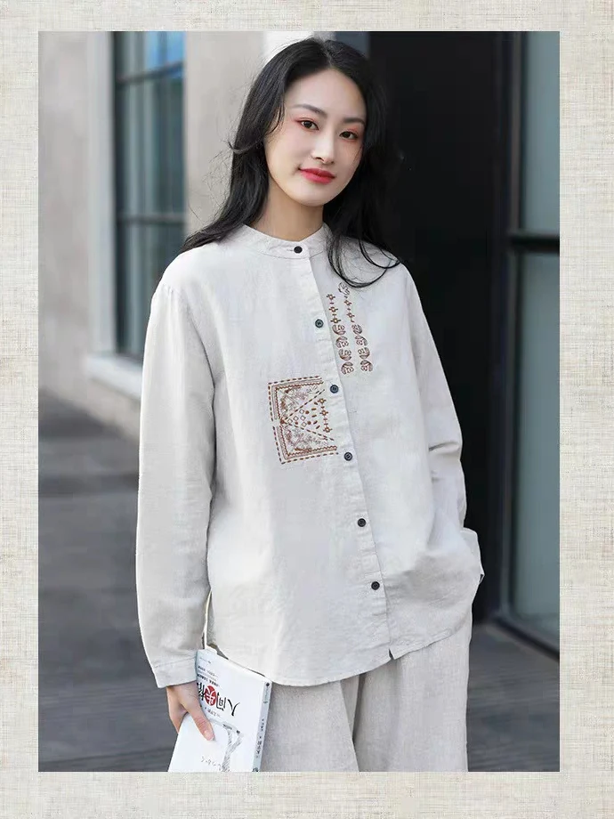 Suelto artístico Retro bordado largo Sve Stand Collar mujer irt Spring Faion Commute Sle versión coreana algodón Lino