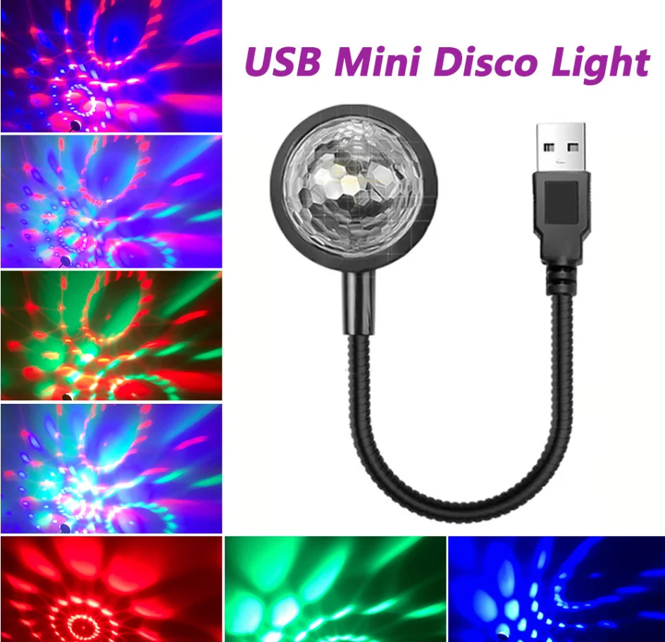 DJ Lighting Sound Party Auto USB Mini Disco Ball Lights RGB Multi Color Car Atmosphere Room Decorations Lamp Magic Strobe Light