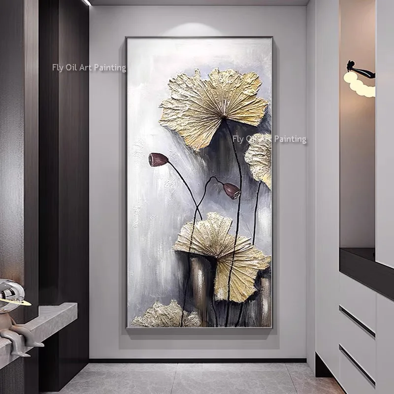 Original Gray Lotus Leaves Oil Paintting Handpainted Green Leaf Pink Lotus Thick Canvas Wall Art Modern Artwork For Home Decor