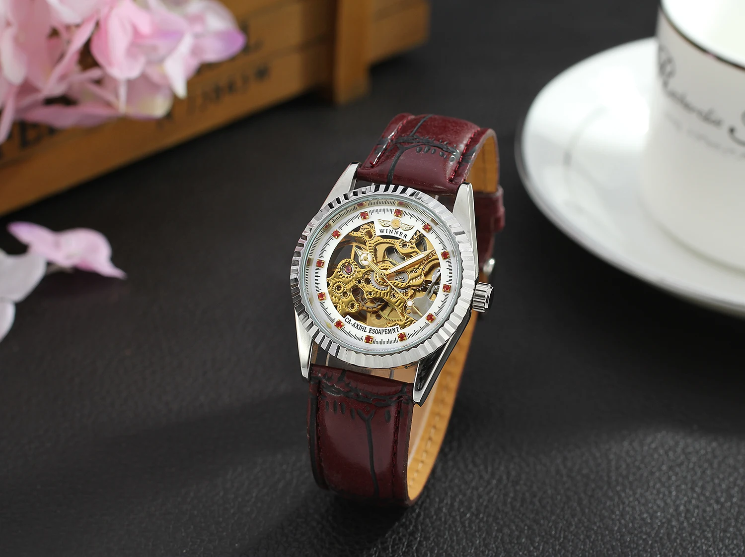 T-WINNER Luxury Brand Man Watch Hollow Automatic Mechanical Wristwatches Red Rhinestone Leather Trendy Business Male Timepieces