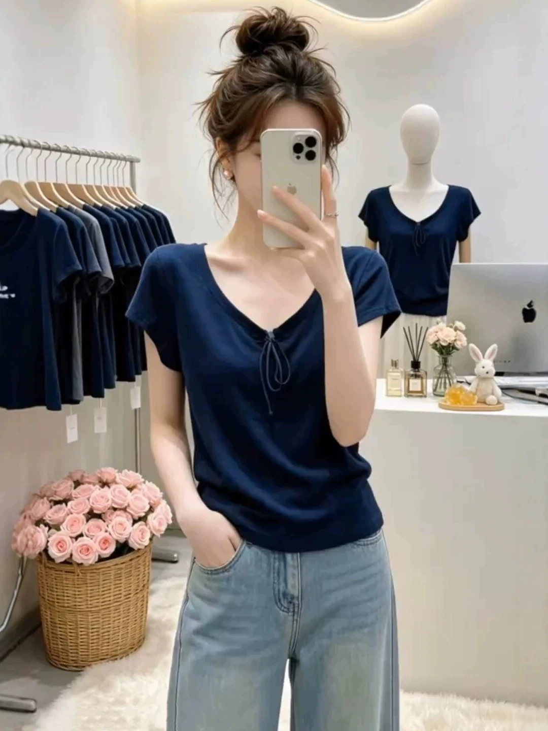 Korean Style Blue V-Neck T-Shirt Women's Summer plus Size Beautifully Designed Short Sleeve Top with Tie Detail