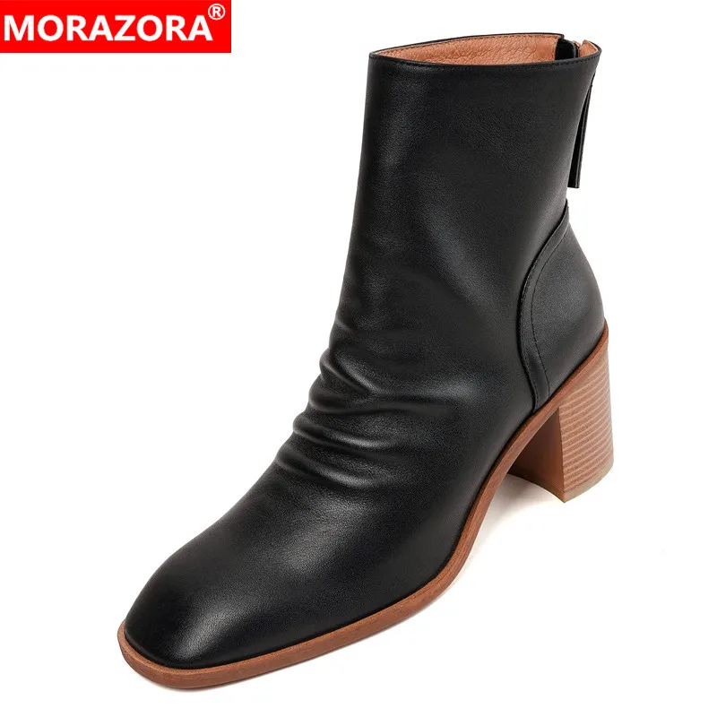 

MORAZORA 2024 New Nature Genuine Leather Boots Women Square High Heels Ankle Boots Back Zipper Lady Autumn Winter Pleated Shoes