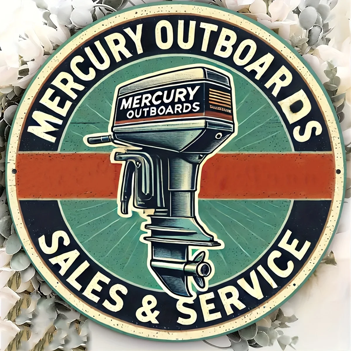 Panneau en bois 2D plat vintage « Mercury Outboards Sales & Service », art mural métallique rétro nautique pour garage, bar ou man cave