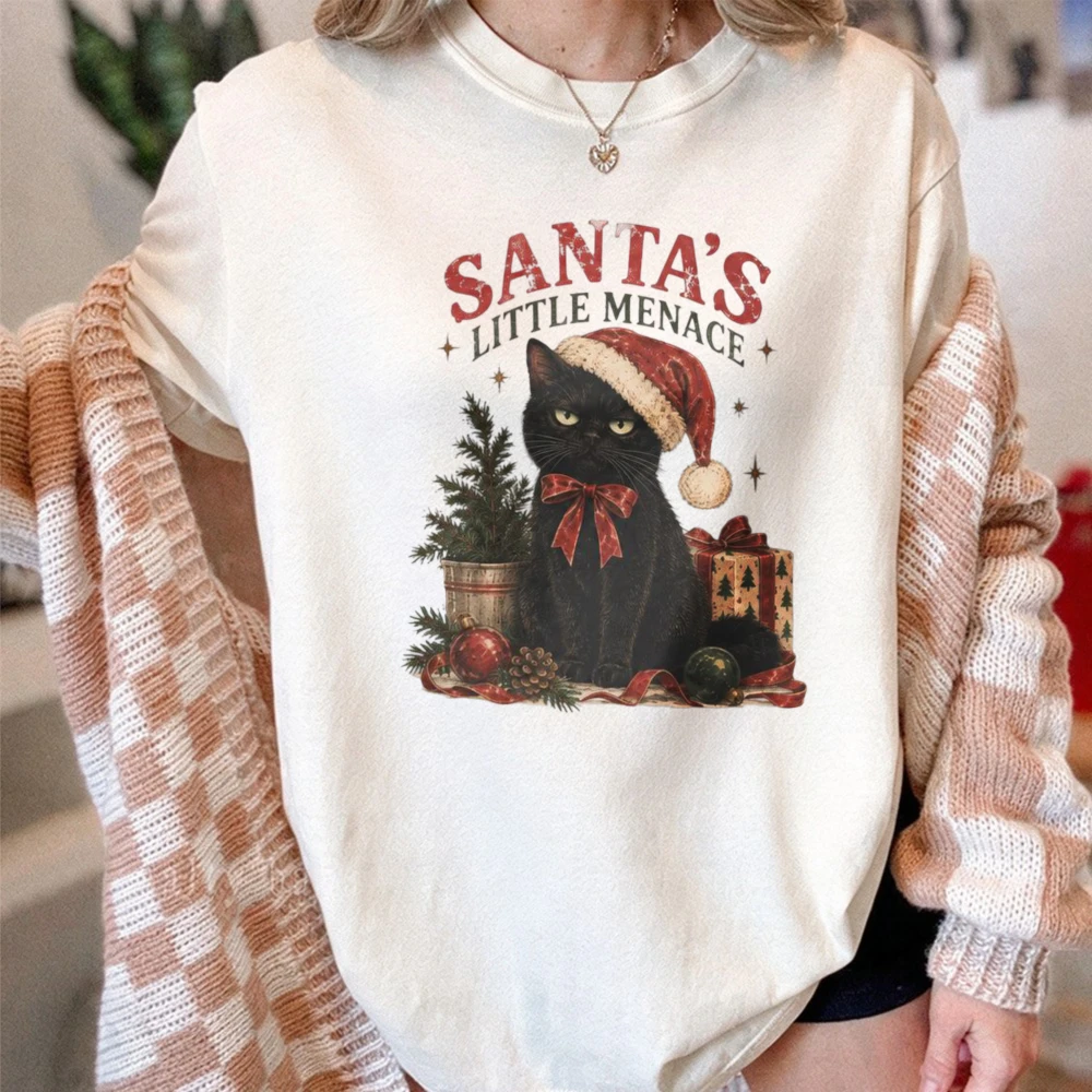 Santa Little Menace T-Shirt Funny Black Cat Christmas Shirt Vintage Cat Christmas Graphic T Shirts Xmas Kitten Lover Gift Tops