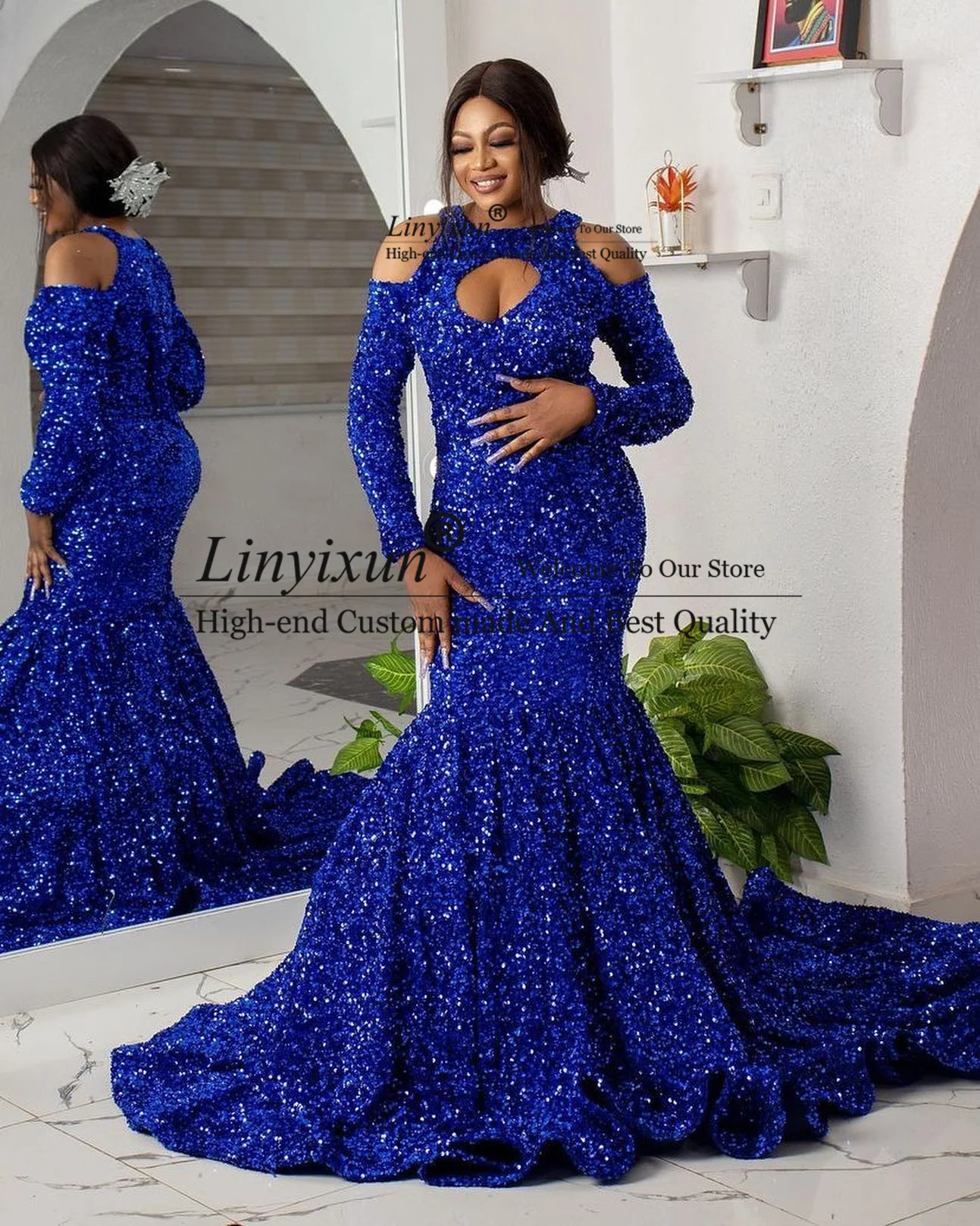 เซ็กซี่ Sequins Mermaid Prom ชุดเดรสแขนยาวอย่างเป็นทางการ Royal Blue Evening Gowns Off Shoulder Court รถไฟ Robe De Soiree