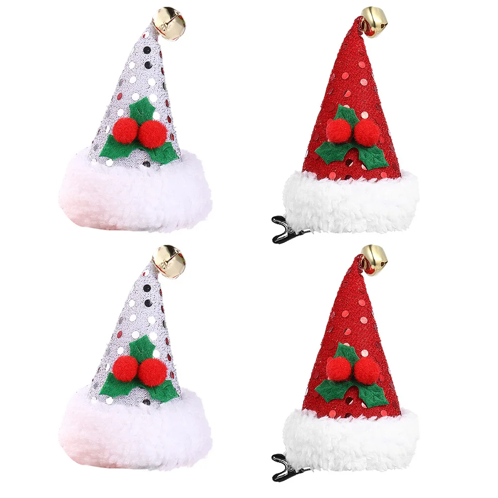 4 pinces à cheveux en forme de chapeau de Père Noël, paillettes brillantes, barrettes de Noël, accessoires de cheveux pour fête, épingles à cheveux, pinces de Noël