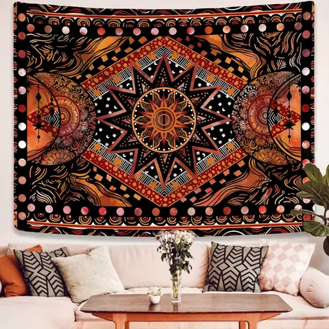 Orange Sun & Moon Hippie Mandala Tapestry: Cool Aesthetic Wall Hanging – Perfect for Bedroom, Living Room, Dorm & Home Decor