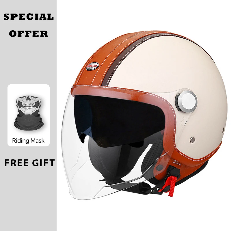 

DOT Approved Leather Jet Helmet Daul Lens 3/4 Open Face Helmet Double Visor Man Women Safety Motorcycle Helmets ECE Certified