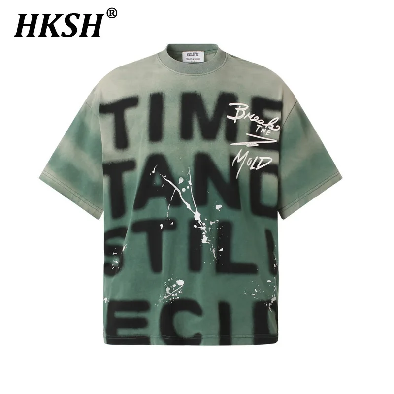 

HKSH Trend High Street Washed Gradient Inkjet Print Short Sleeve T-shirts Men Tide Summer 2025 New Casual Women Chic Tees HK3777