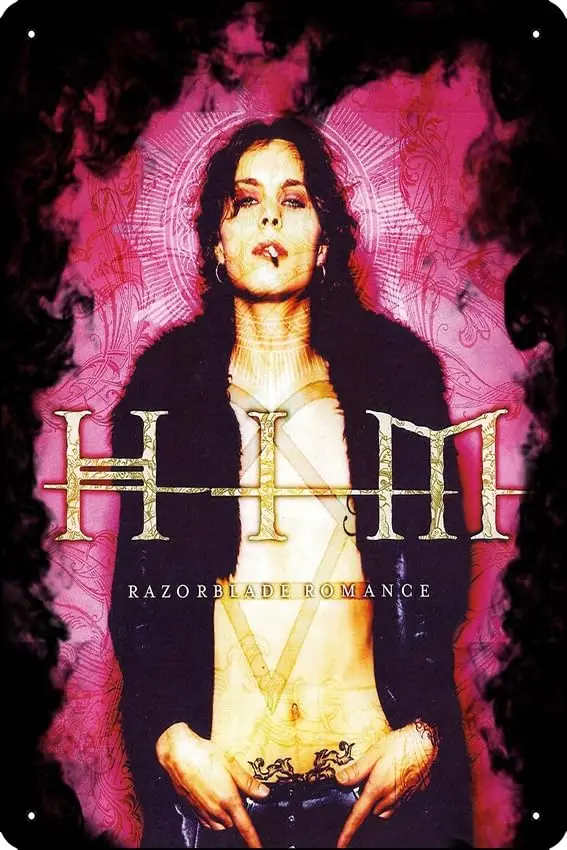 Him Band Tee Razorblade Romance cover Heartagram Him Logo Poster Metal Tin Sign 12 X 8 Inch Funny Man Cave Home Office Bar Decor