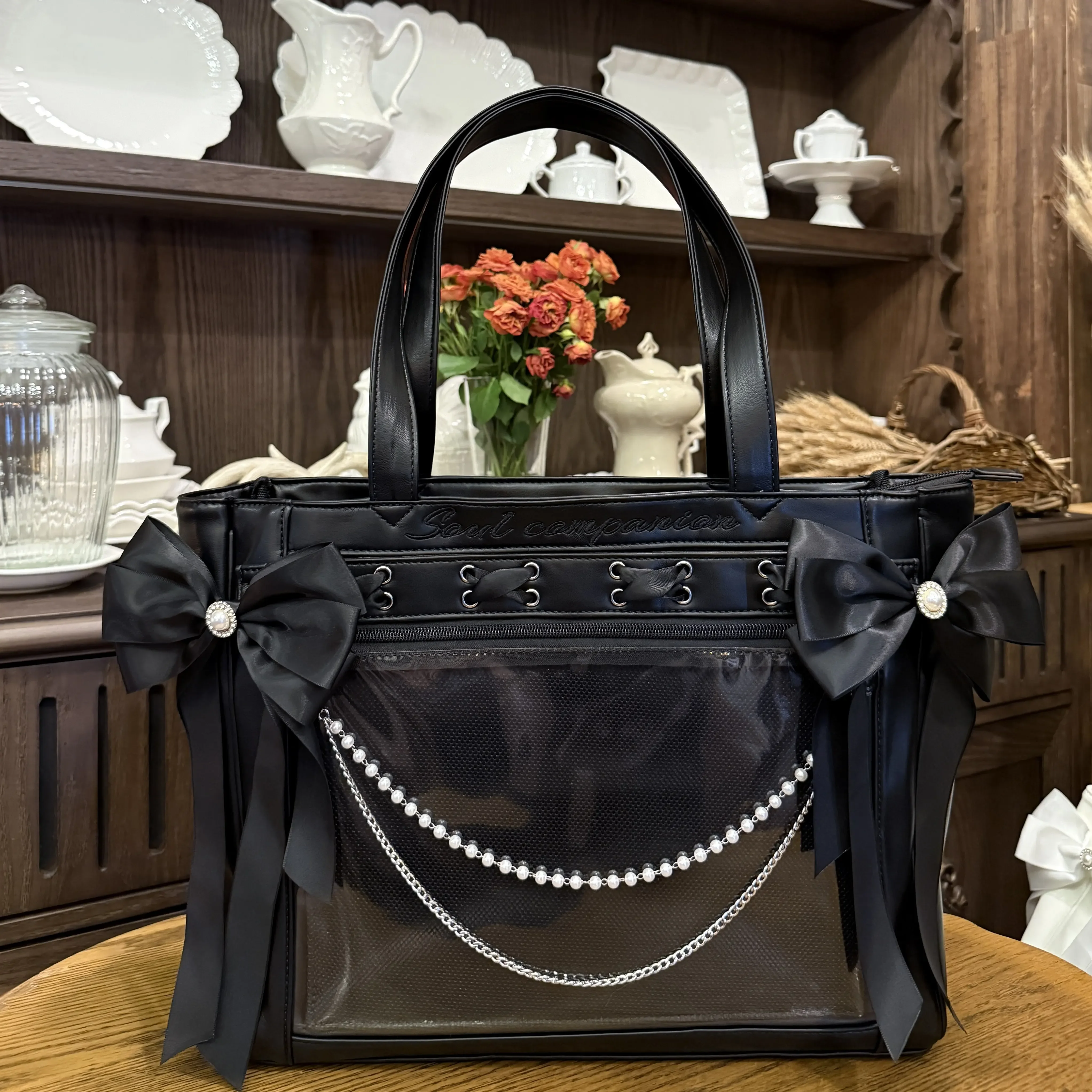 Large Capacity Tote Bags for Women Heart Pu Leather Color Block Shoulder & Crossbody Bag with Ribbon Detail Women's Handbags