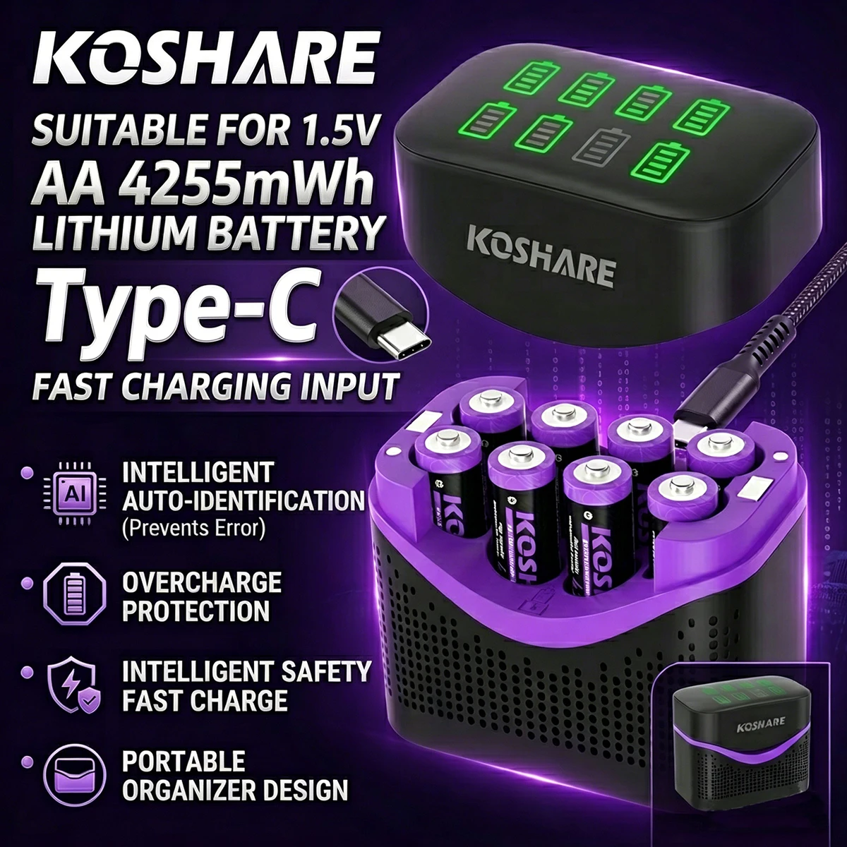 

Аккумуляторы KOSHARE 1.5V AA литиевые перезаряжаемые 4255 мВт·ч с постоянным напряжением, зарядное устройство на 8 слотов с ЖК-дисплеем