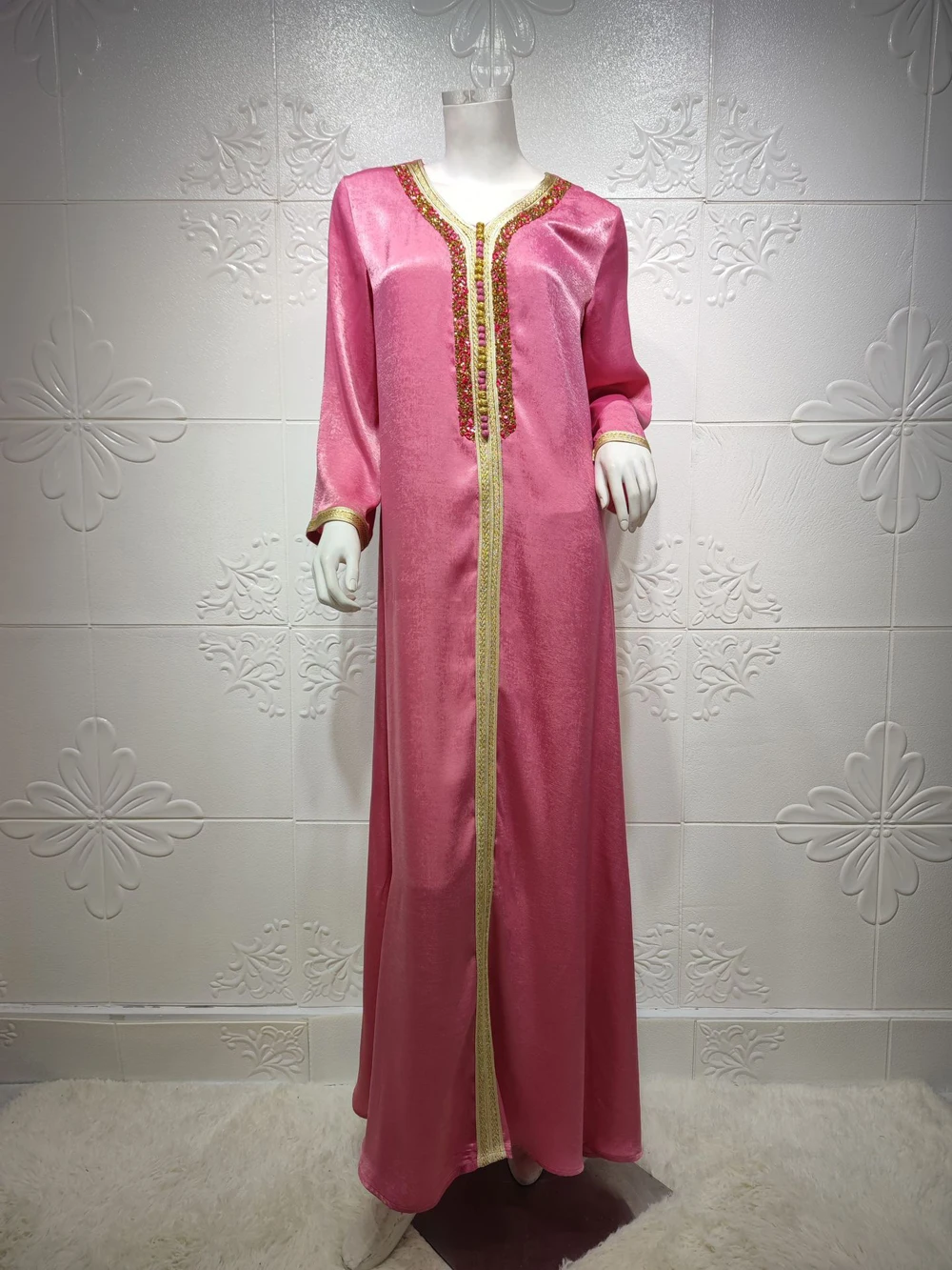 Robe maxi à manches longues pour femmes, vêtements de promotion bon marché, robe musulmane en déclin du monde, caftan femme, dubaï, pakistanais, rose, en vente