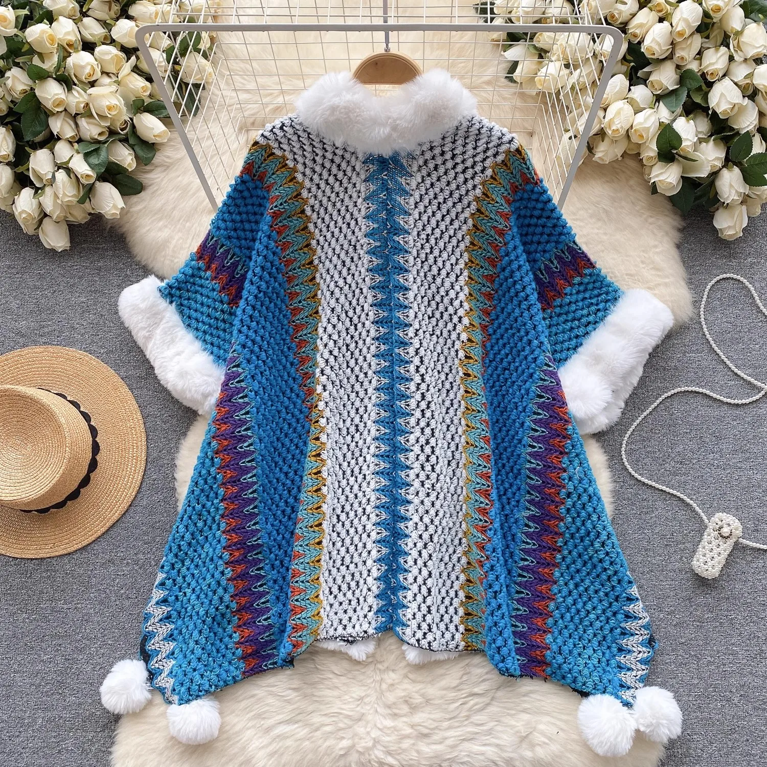 Fashion Chic Ethnic Style Color Collision Shawl Sweater Jacket Women Patchwork Soft Warm Hairball Cape Cloak  Knitted Cardigan