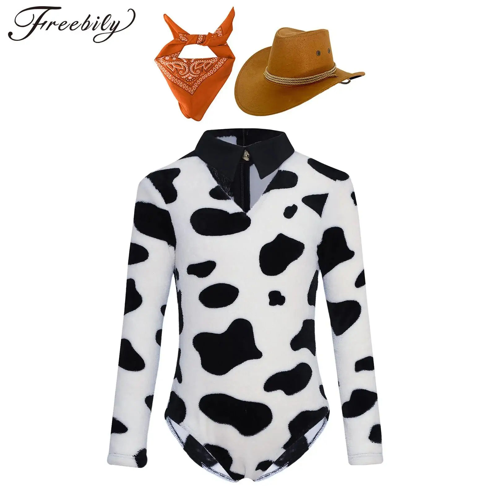 Animal Cosplay Costume for Cowboy Cowgirl Long Sleeve Fancy Cow Print Bodysuit with Bandanna Hat Carnival Halloween Fancy Dress