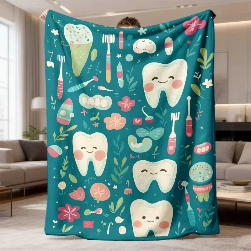 Thin Blanket Cute Cartoon Teeth Dental Care Print Blanket Soft Teal Oral Hygiene Blanket Dentist Office Decor Nap Blanket