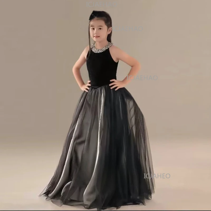 Children Black Long Sleeveless Girls Piano Performance Dress Violin Concert Host Pageant OutfitCostume Birthday Princess Gown