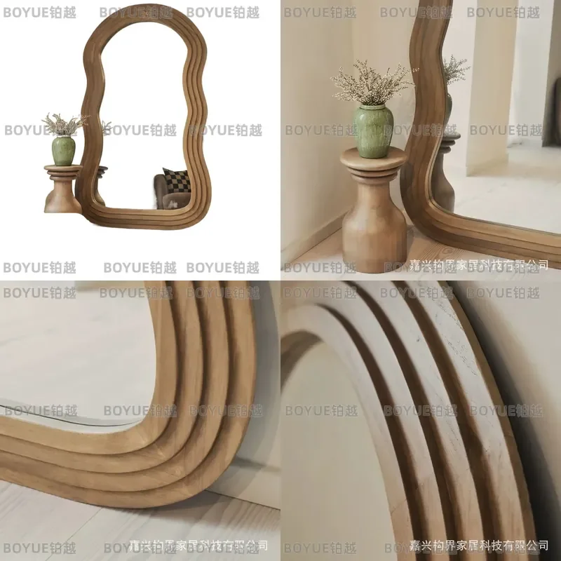 Solid Wood Tempered Glass Full Length Mirror Floor Standing Wavy Irregular Shape Home Decor Large Dressing Mirror for Bedroom