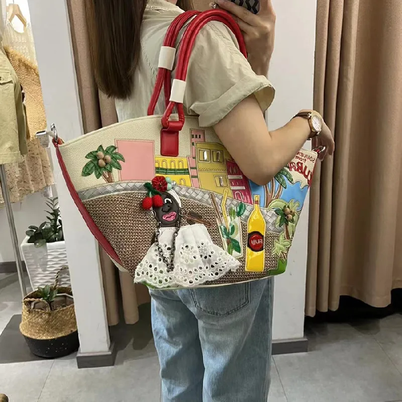 New Fashion Handbag Large Capacity Shoulder Bag Creative Splicing Embroidered Basket Bag Holiday Bag view 3