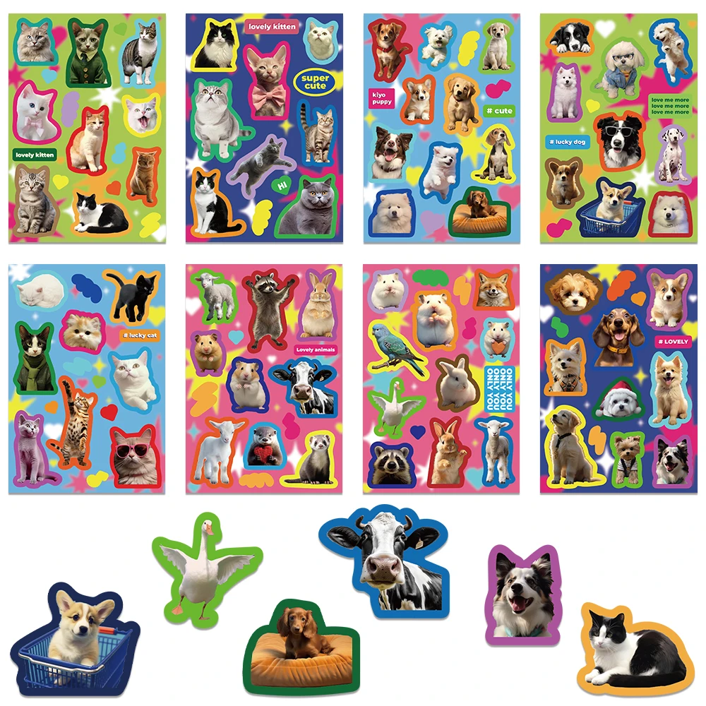 8 Sheets/Set Funny Cute Cat Dog Puzzle Animals Stickers Kawaii Decals Scrapbooking Luggage Laptop Skateboard Sticker Toy