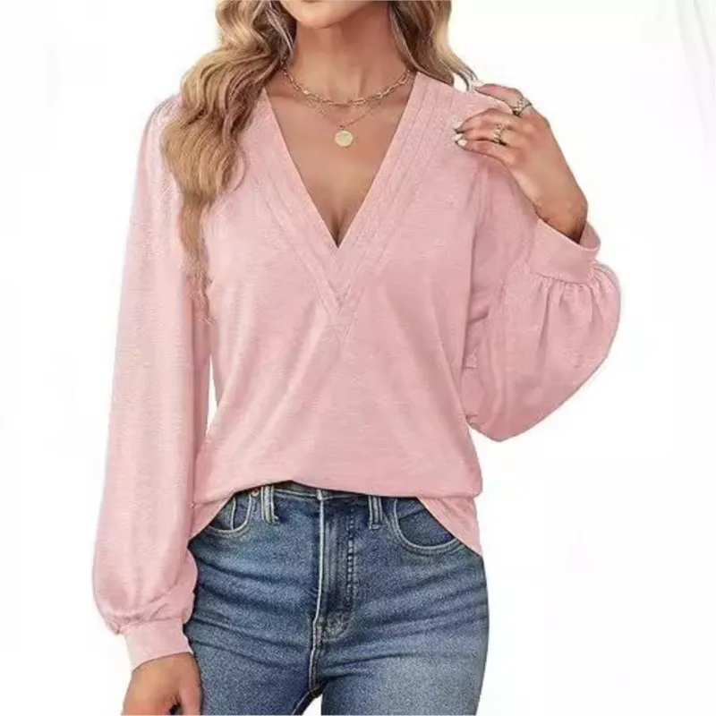 

Pullover Shirt Women's Spring & Autumn New V-neck Casual Lantern Long Sleeved Solid Office Ladies Basic Blouse Solid Tops Blusas