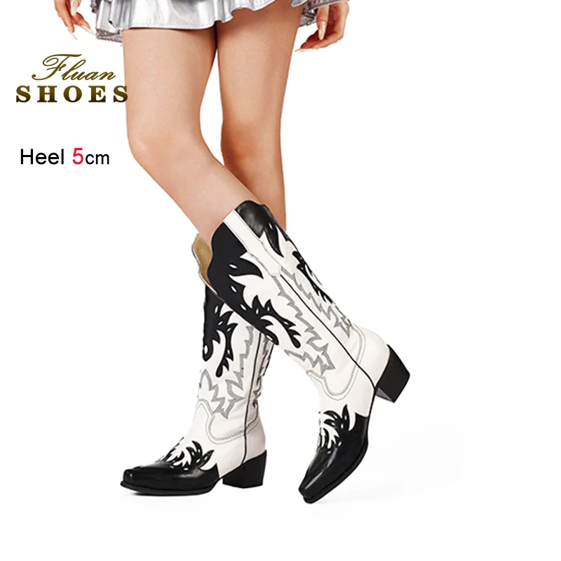 

Женские ковбойские сапоги в западном стиле с вышивкой, весна-осень 2026, квадратный носок, каблук 5 см, высокие до колена, женская обувь CD