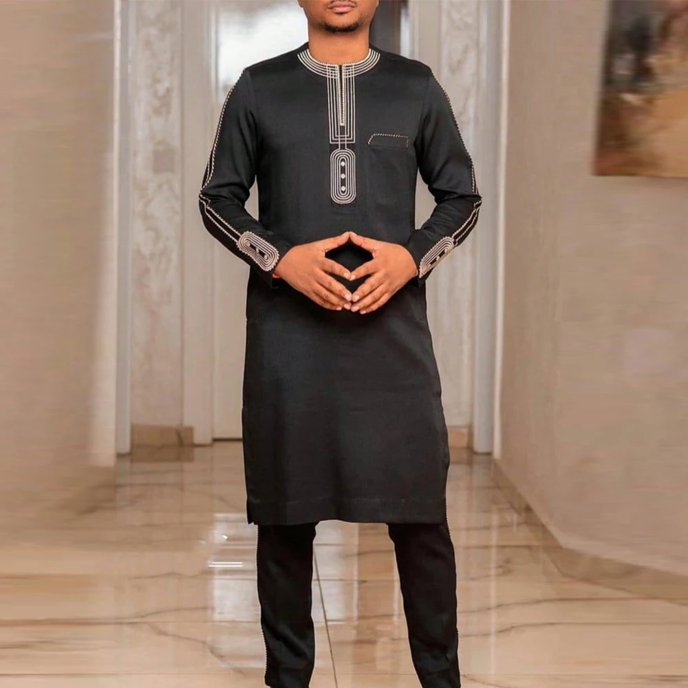 

African Kaunda Men Suits Embroidery Outfits Tops and Pants 2 Piece Set Clothing Dashiki Kaftan for Wedding Business Wears