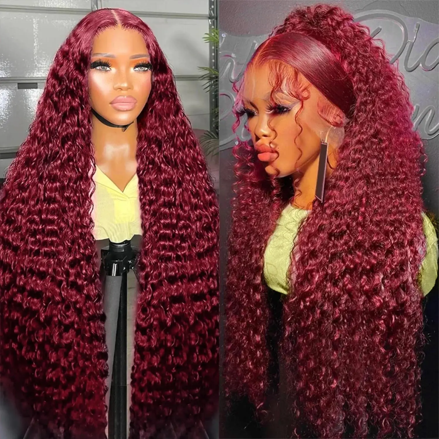 28 30 Inch 99J Burgundy Deep Wave 13x4 Curly Lace Frontal Wig Red Colored Brazilian Human Hair 180% Lace Front Wigs For Women