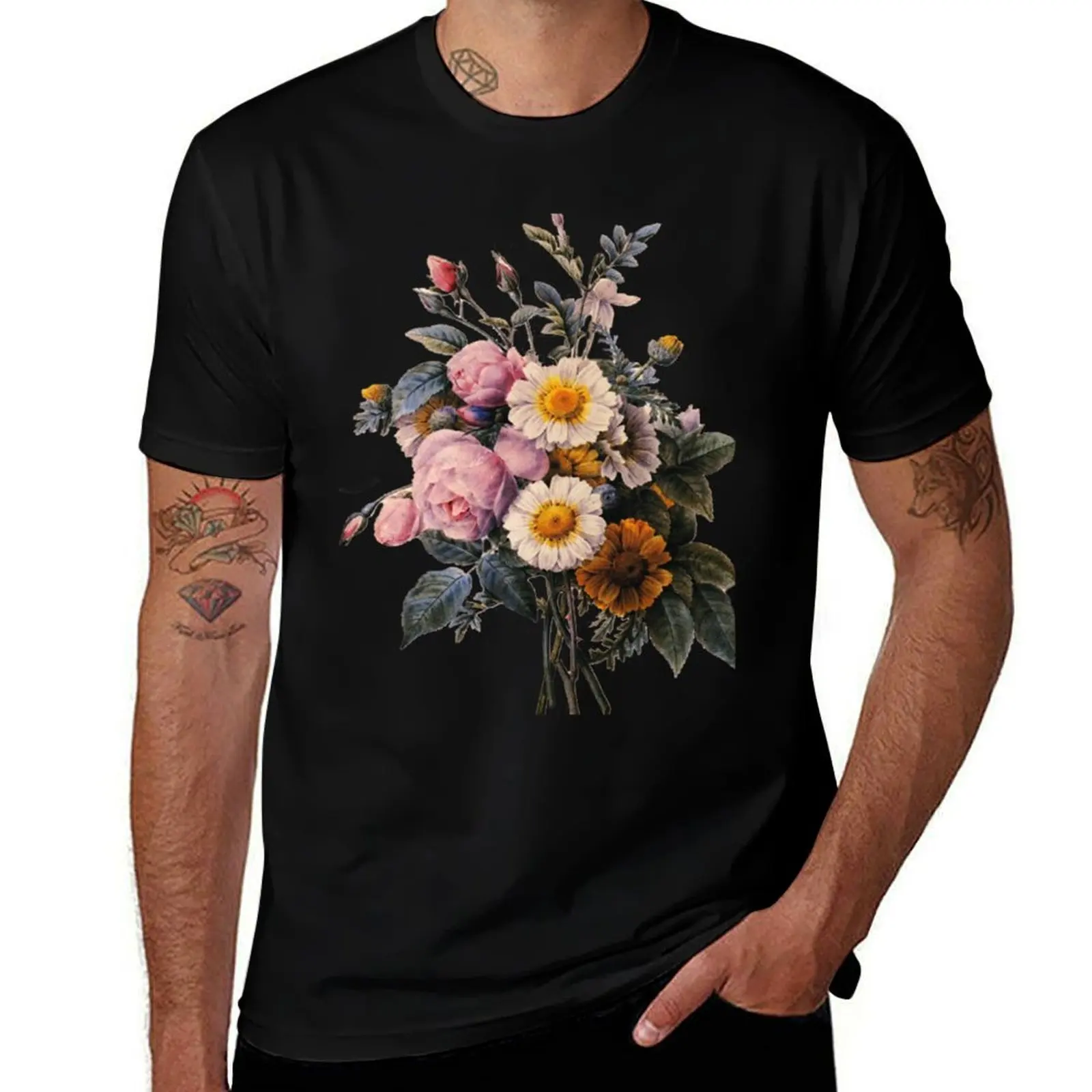 vintage botanical art, beautiful yellow daisy and pink rose flowers. T-Shirt Street Art Print Tee Shirt T-Shirt