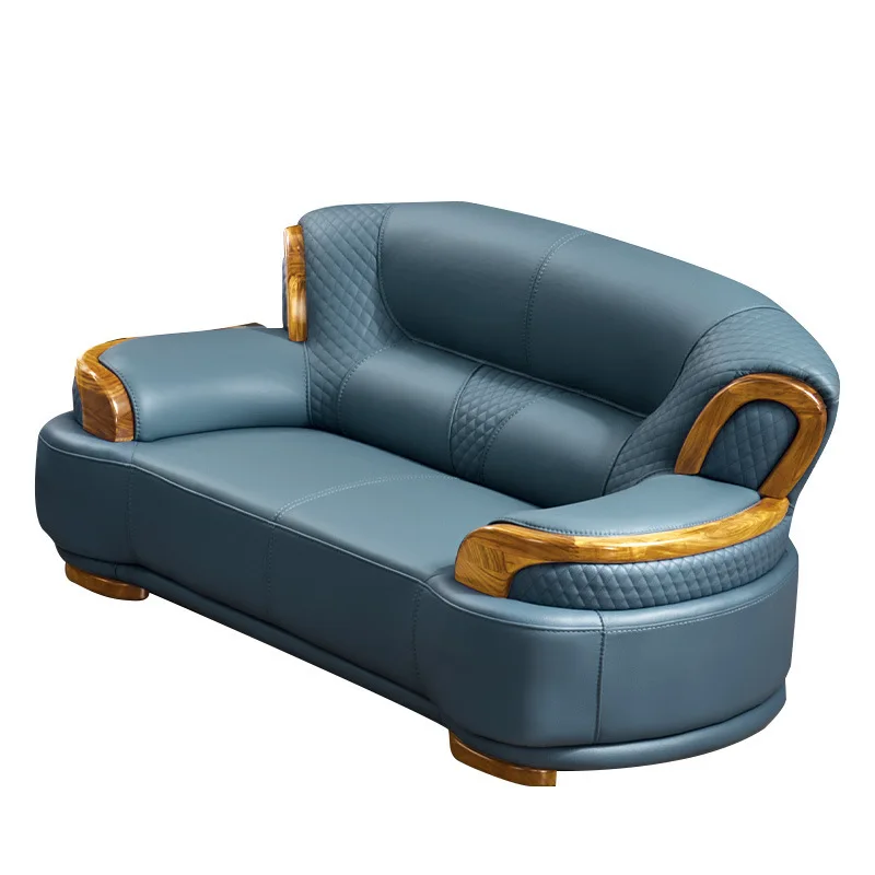 

New Chinese black gold wood leather sofa modern simple living room large apartment first layer yellow cowhide