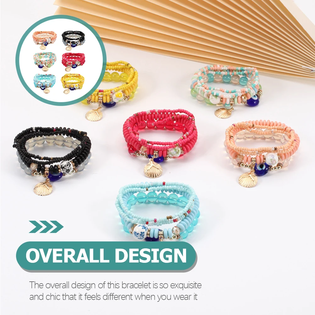 

Bohemian Bracelets 6 Sets Braided Beads Elastic Chain Handmade Jewelry for Women Gifts Lightweight Safe Comfortable Accessories