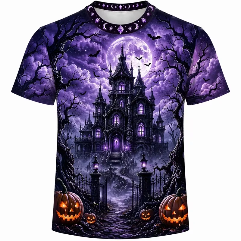 2026 Halloween Feuerkürbis Totenkopf Fledermaus 3D-Druck T-Shirt für Männer, Frauen und Kinder, Rundhals, Kurzarm, Urlaubsparty, Cosplay, Freizeit-Oberteile – Detail 6