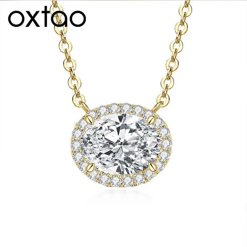 OXTAO Oval Shape Minimalist Moissanite Halo Necklace 2CT D VVS1 Lab Created Imitation Diamond Necklace Engagement Wedding Party for Women Fine Jewelry 14K Gold Filled