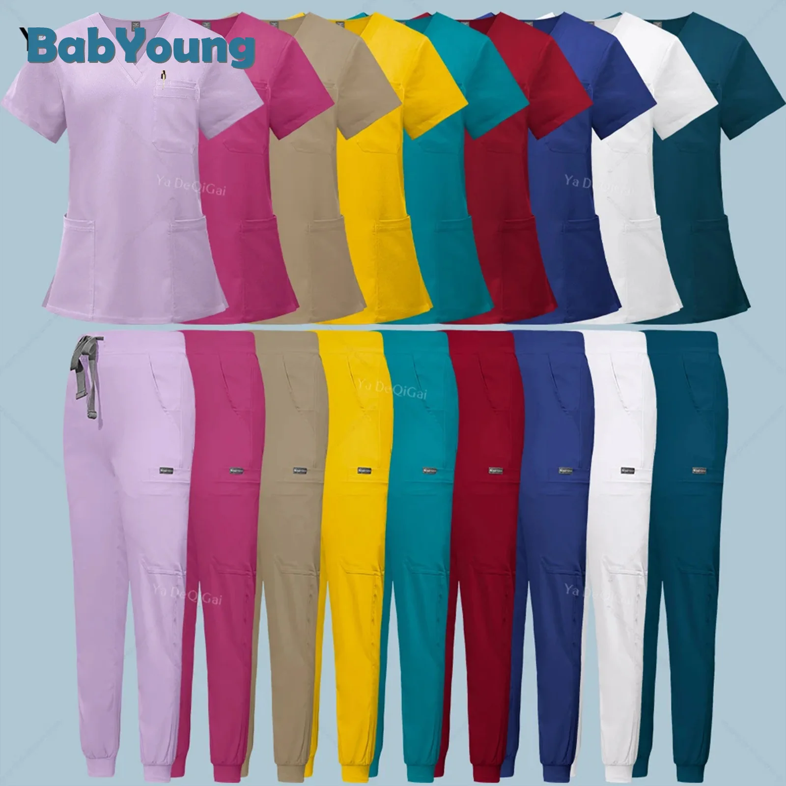 Multicolour Jogger Suits Doctor Nursing Uniforms Short Sleeve V-neck Tops Pocket Pants Nurse Scrubs Set Medical Clinical Clothes