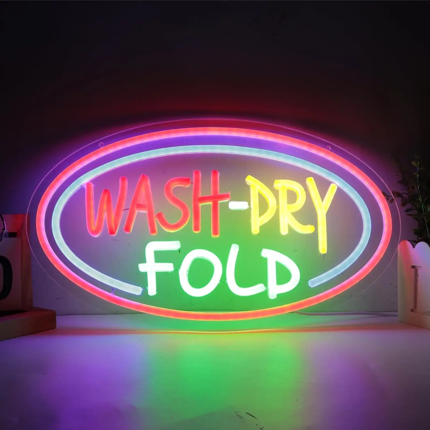 Wash Dry Fold Neon Sign USB Dimmable LED Lights For Household Laundry Space Self Service Laundromat Shopfront Wall Decoration