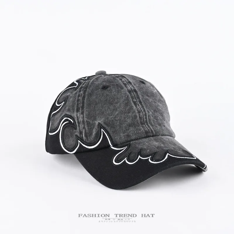 

American Street Flame Embroidery Peaked Cap Baseball Cap Spring and Autumn Wide Brim Show Face Small Hip Hop Baseball Cap Tide