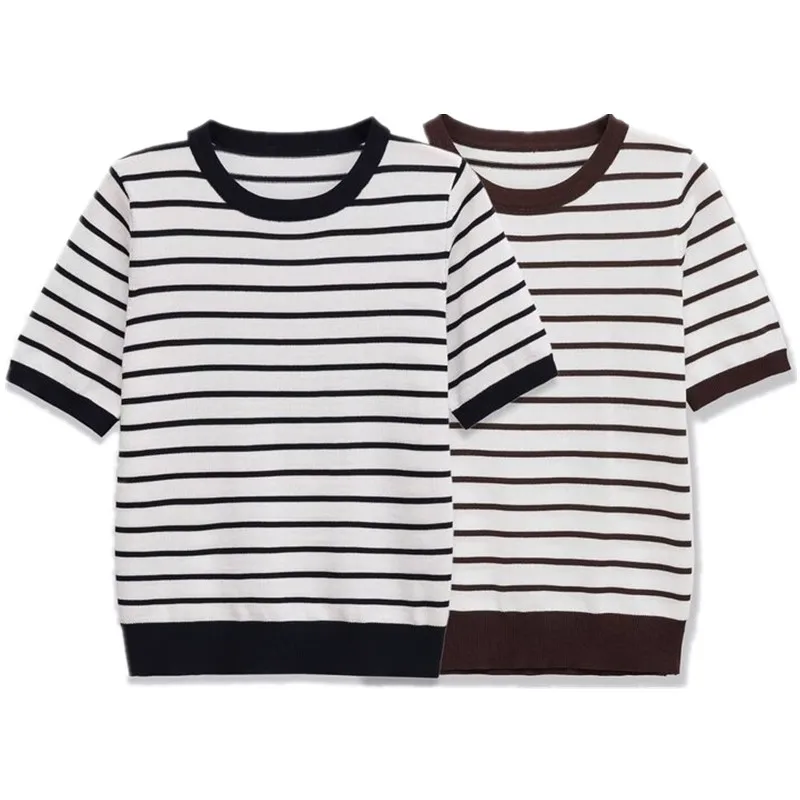 قميص نسائي أساسي بأكمام قصيرة محبوك برقبة مستديرة لصيف 2025، متعدد الاستخدامات وعصري، مصنوع من مزيج القطن والبوليستر يمتص الر...