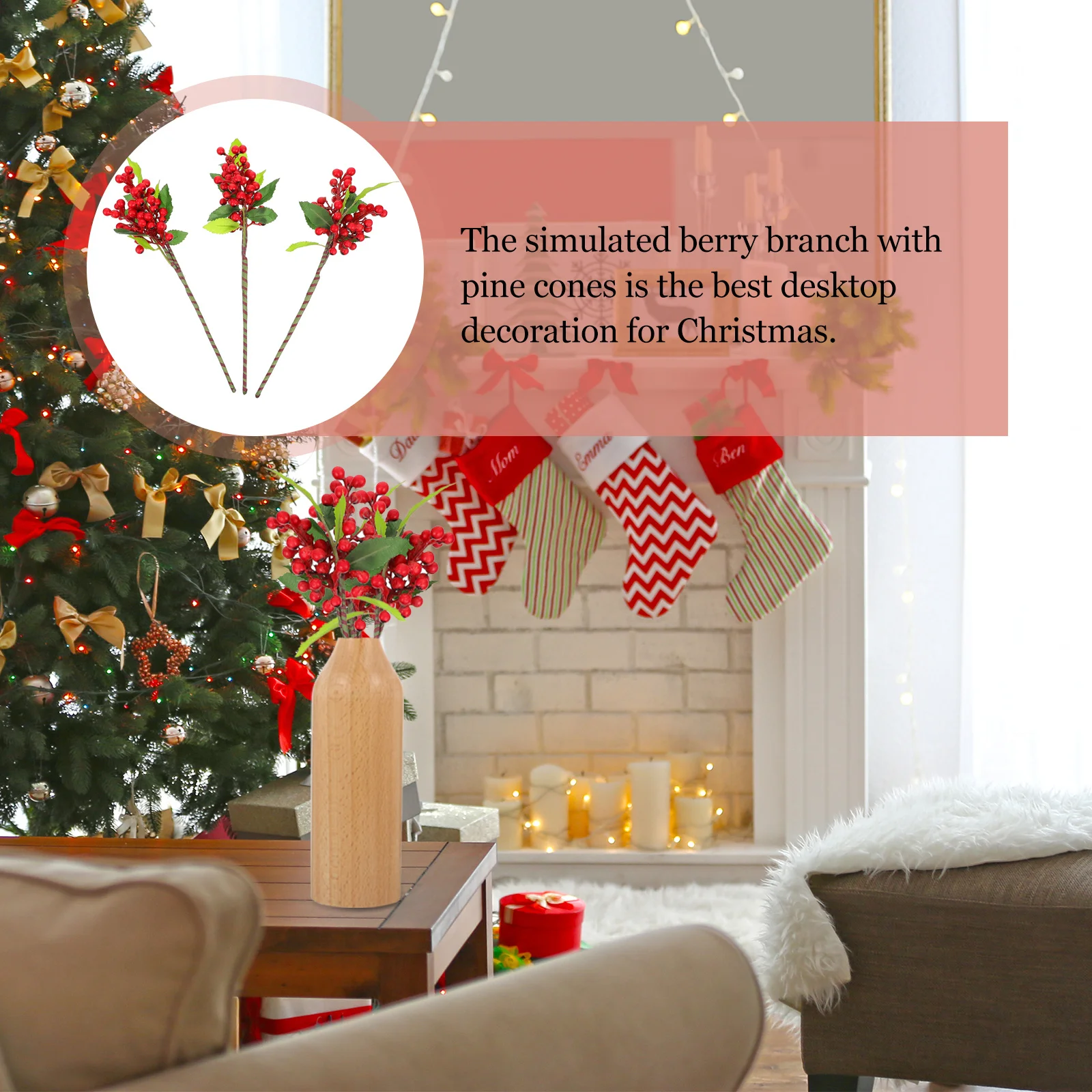 

3 pcs Simulation Berry Decor With Pine Cones Artificial Christmas Branch Bright Festive Garland Wedding Car Home Wine