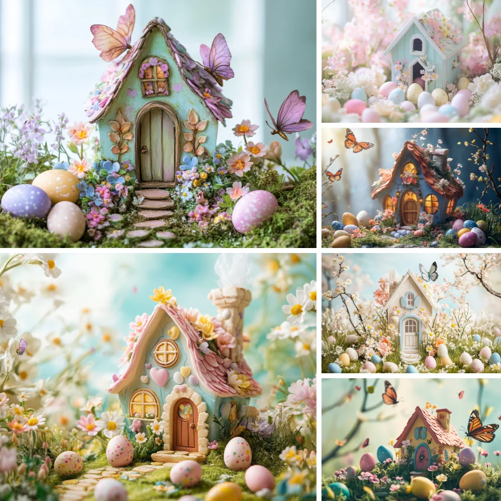 

Photography Background Spring Easter House Rabbits Eggs Kids Birthday Cake Butterfly Portrait Decor Backdrop Photo Studio