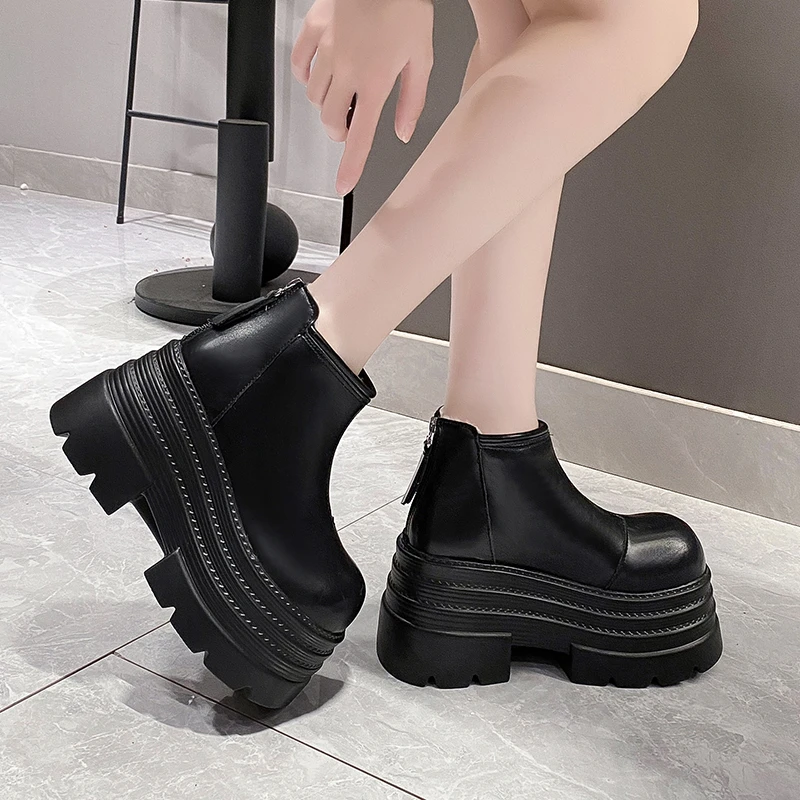 10CM New Women Winter Chunky Ankle Snow Boots High Platform Fur Shoes Wedge Heels Plush Warm Short Boots Leather Chelsea Botas