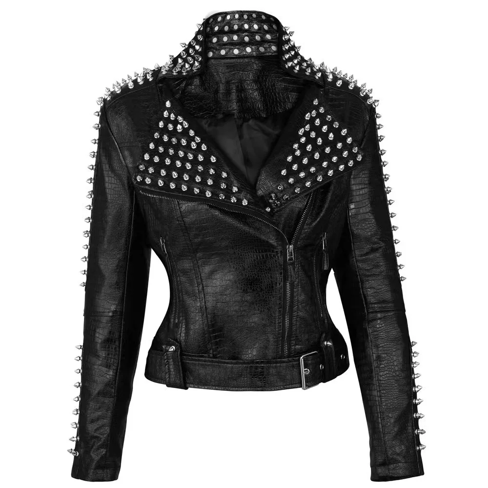 Popular Rivets Pu Leather Short Long Sleeves Belt Biker Motor Jacket Women's Tops Plus Size