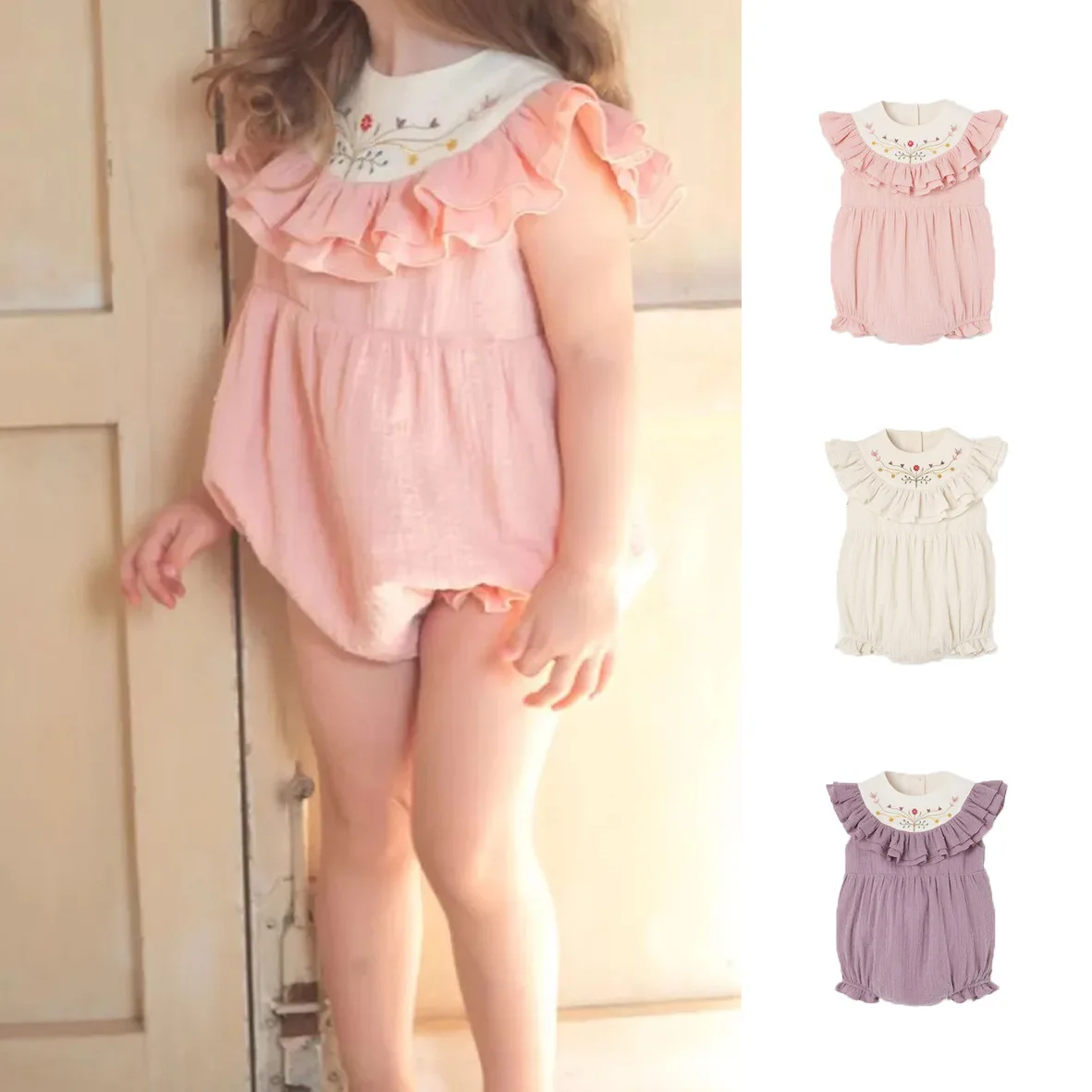 

2023 скандинавская летняя новая одежда с запахом для малышей, комбинезон с вышитым воротником в виде листьев лотоса для девочек, милый треугольный костюм для ползания