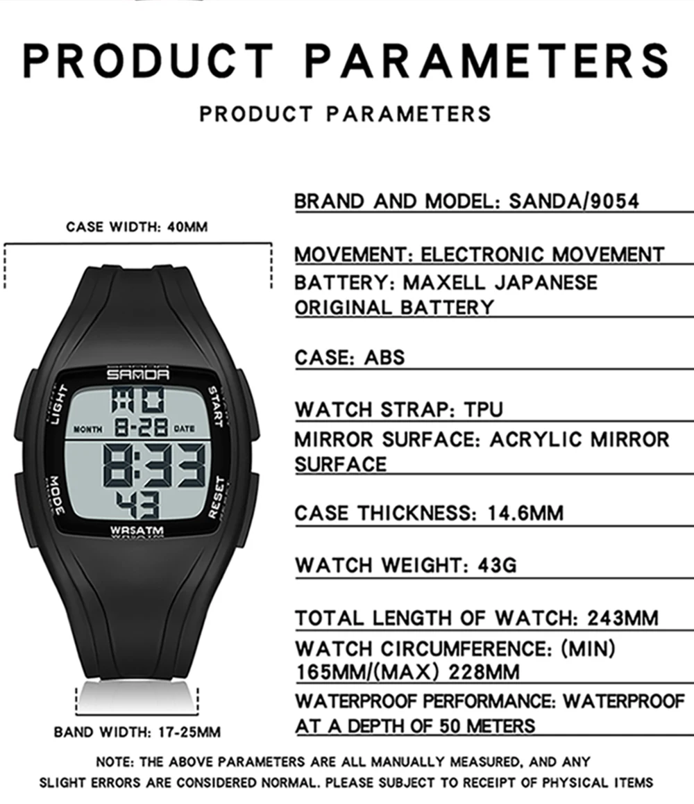 Fashion SANDA New 9054 Student Electronic Watch Sports Multifunctional Waterproof LED Single Display Student Electronic Watch
